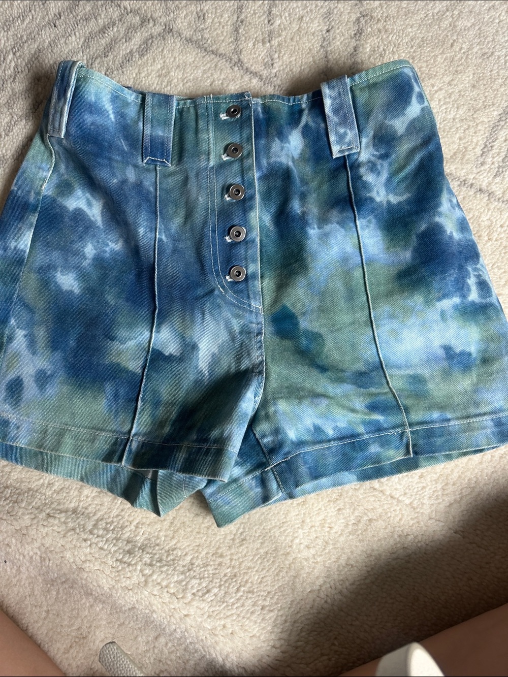 3.1 Phillip Lim Blue and Green Tie-Dye Denim High Waist Shorts